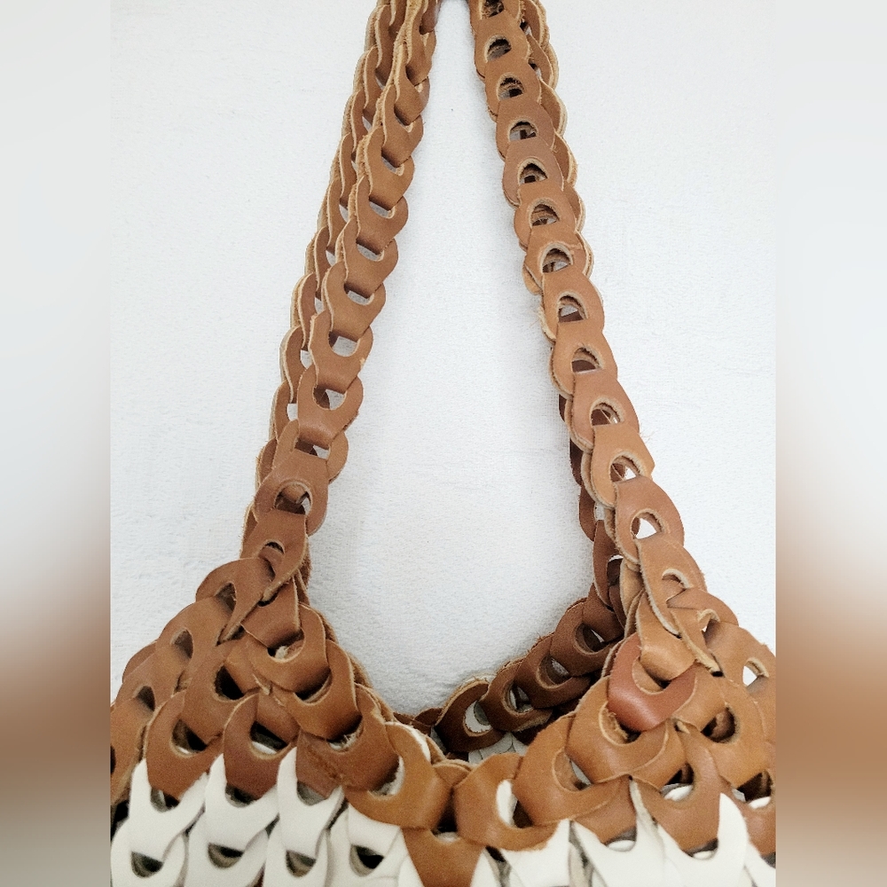 Genuine Braided Leather Boho Chic Hobo Bag Two-Tone Cognac/White - Picture 12 of 13